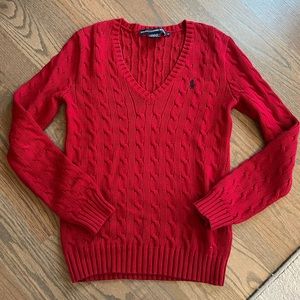 Ralph Lauren Red Cable Knit V Neck Sweater